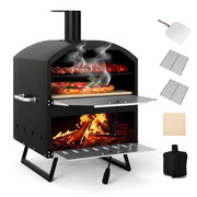 Bruciatore pizza a 2 strati con pietra quadrata da cucina e copertura per campeggio-Forno per pizza a legna da esterno da 40 cm Nero e argento
