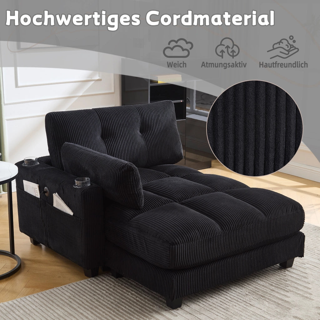 OKWISH Poltrona Relax con Porta USB, Portabicchieri, Tasca Laterale e Poggiatesta Regolabile, Velluto a Coste, Nero