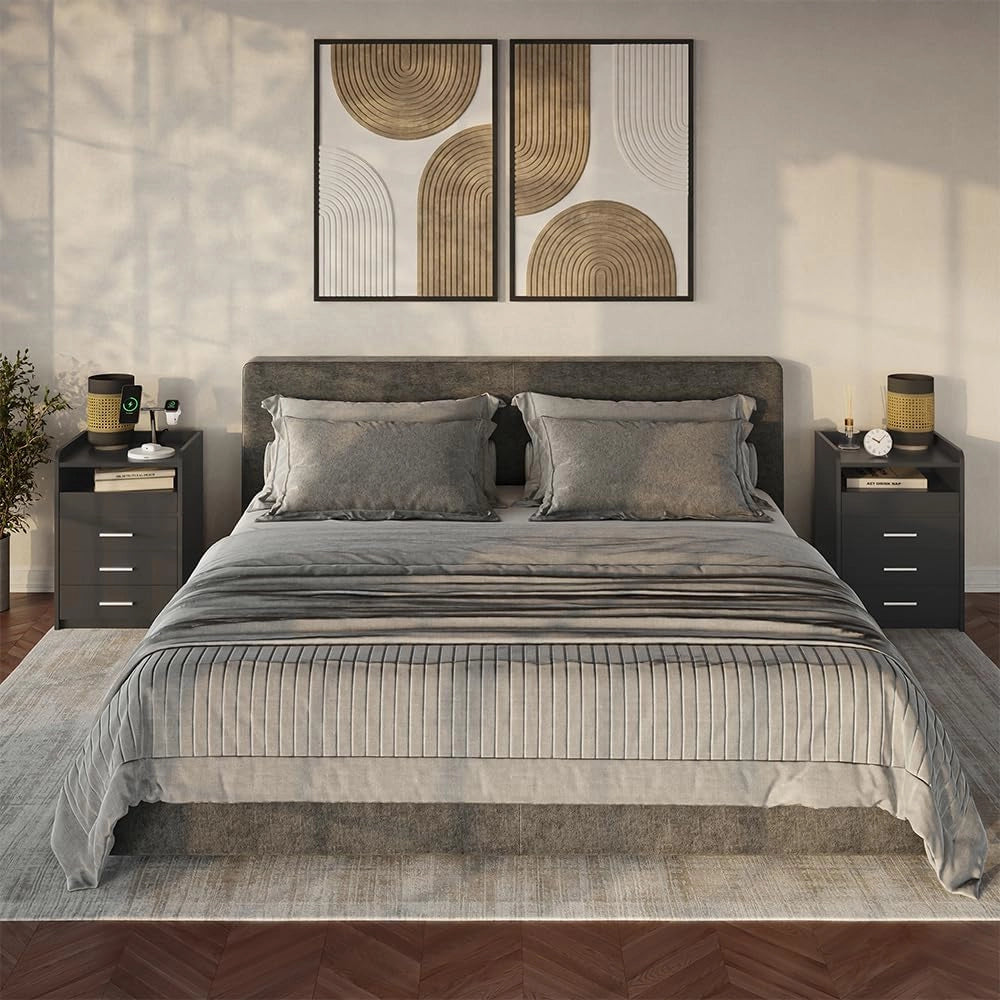Comodino Edis, Antracite, 45 x 64 cm con 3 cassetti