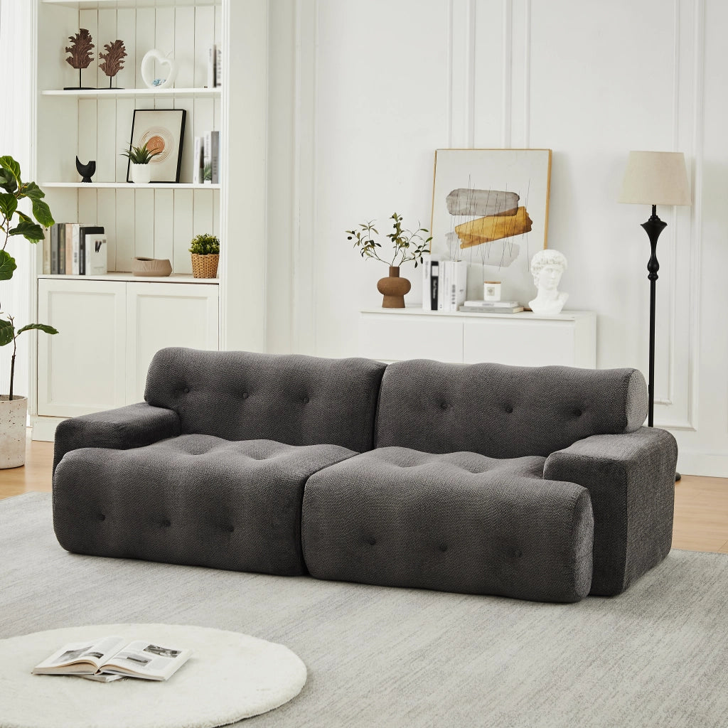 Divano modulare a 2 posti in chenille grigio con schienale ergonomico, braccioli ampi, senza montaggio 66 × 224 × 104 cm