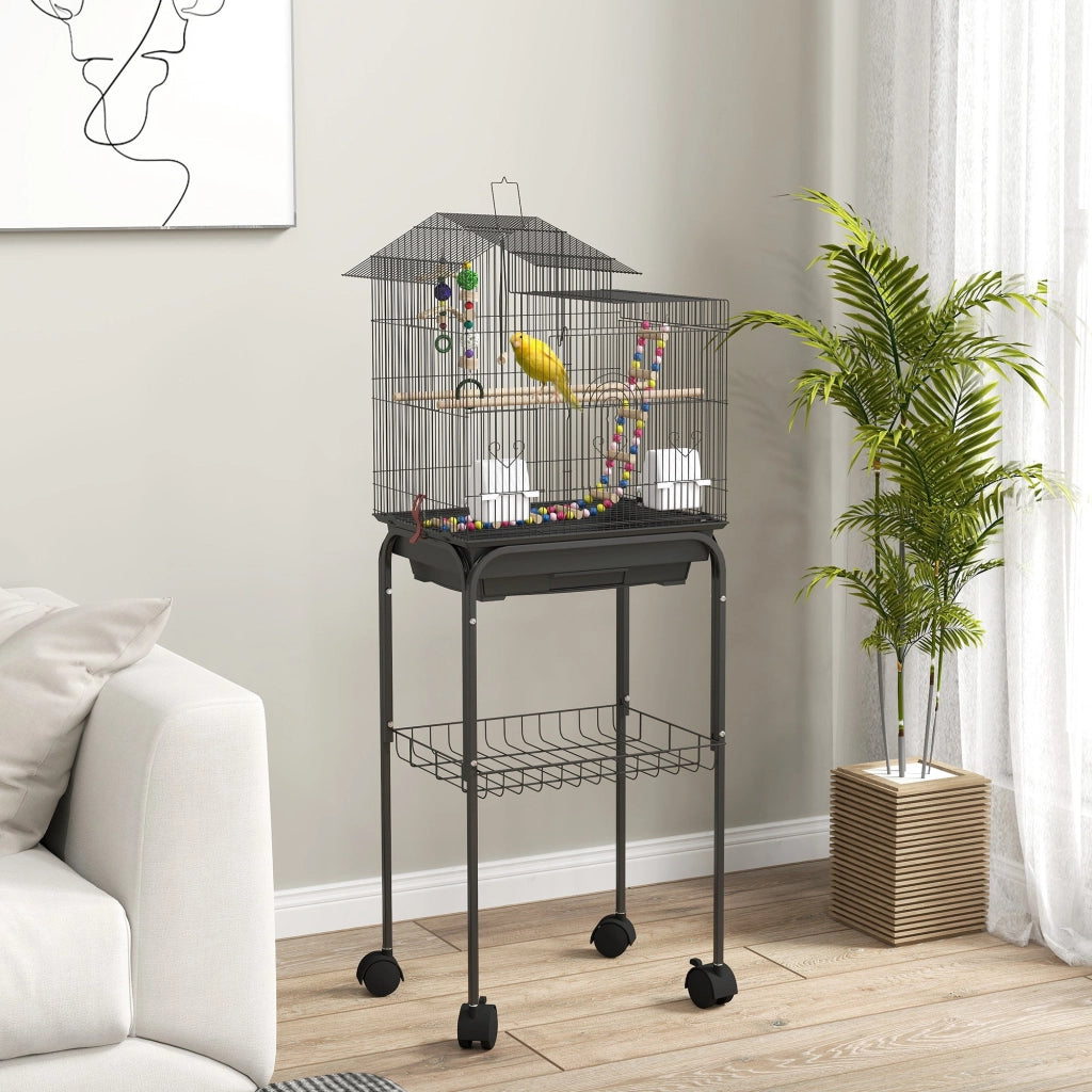 Gabbia per Uccelli con Piedistallo 46x36x120 cm Ruote Girevoli Ripiano e Accessori Nero