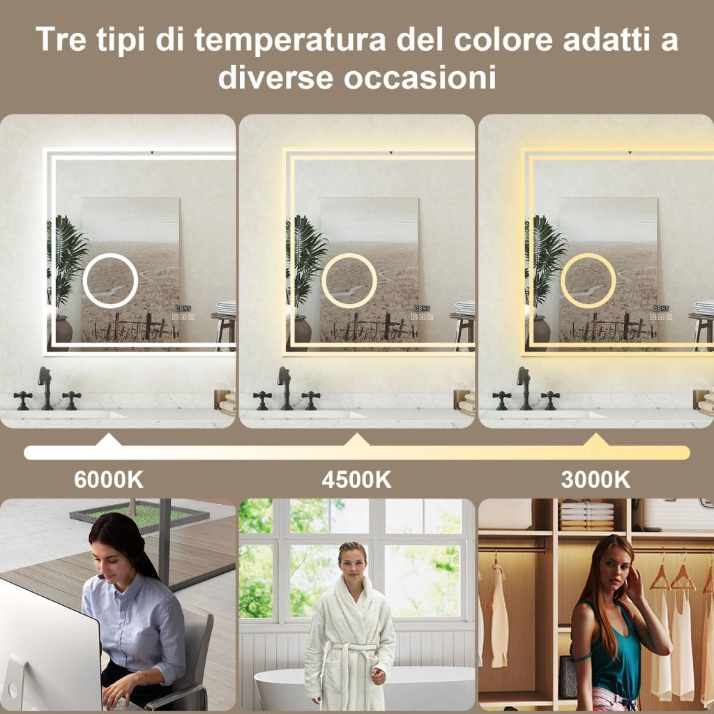 Specchio bagno Rettangolare 80x60cm Led Con 3 Luci + 3X Lente d'ingrandimento + Bluetooth + Orologio + Antiappannamento
