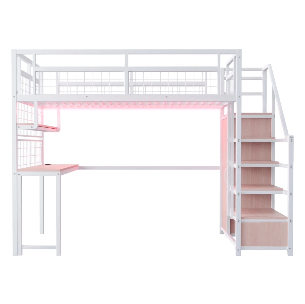 Letto a soppalco 140x200 cm in metallo con scrivania; scala contenitore; LED e prese; bianco