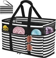 Tas da bagno impermeabile per donne - Tela a strisce Stivaletto leggero e pieghevole con più tasche per viaggi, piscina, shopping e vacanza