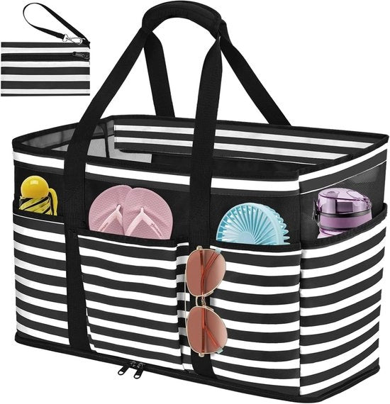 Tas da bagno impermeabile per donne - Tela a strisce Stivaletto leggero e pieghevole con più tasche per viaggi, piscina, shopping e vacanza