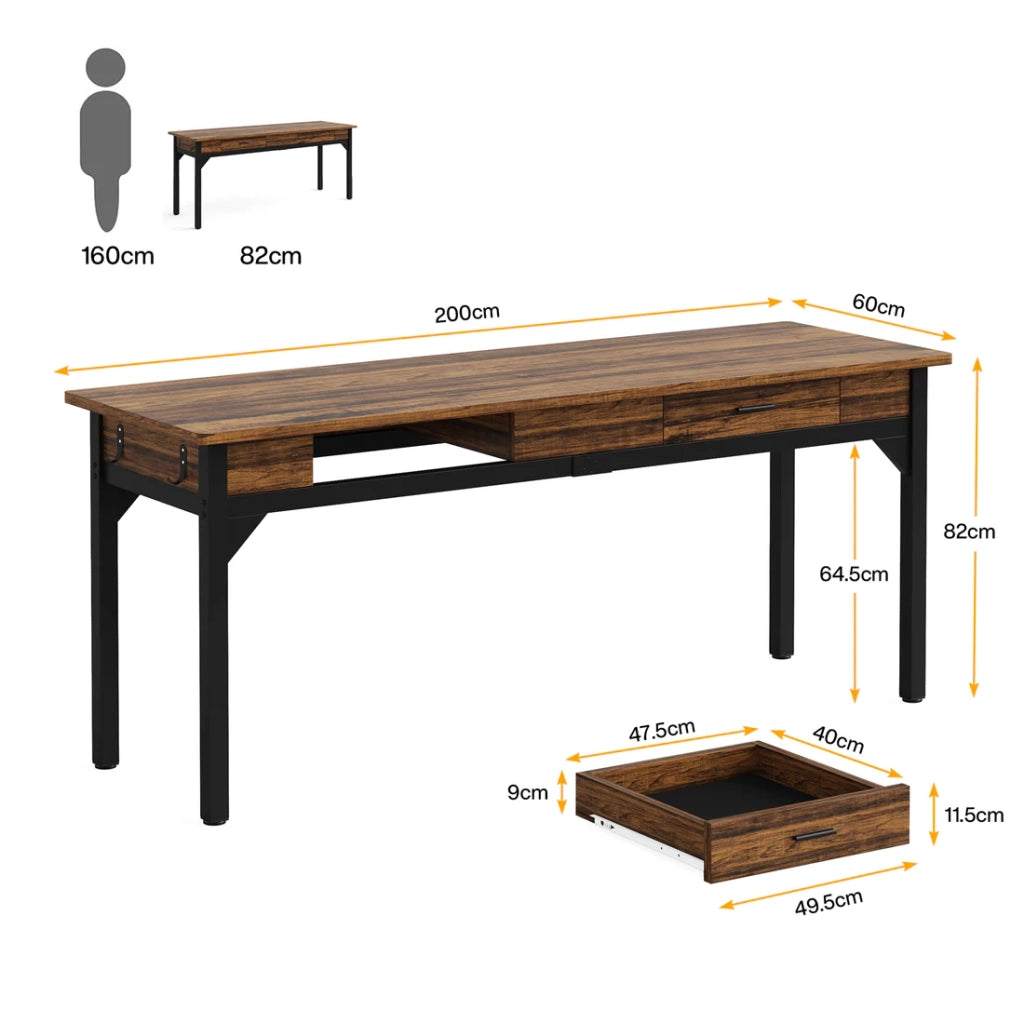 SCRIVANIA Doppia 200x60x82 cm Legno e Metallo Marrone Rustico e Nero
