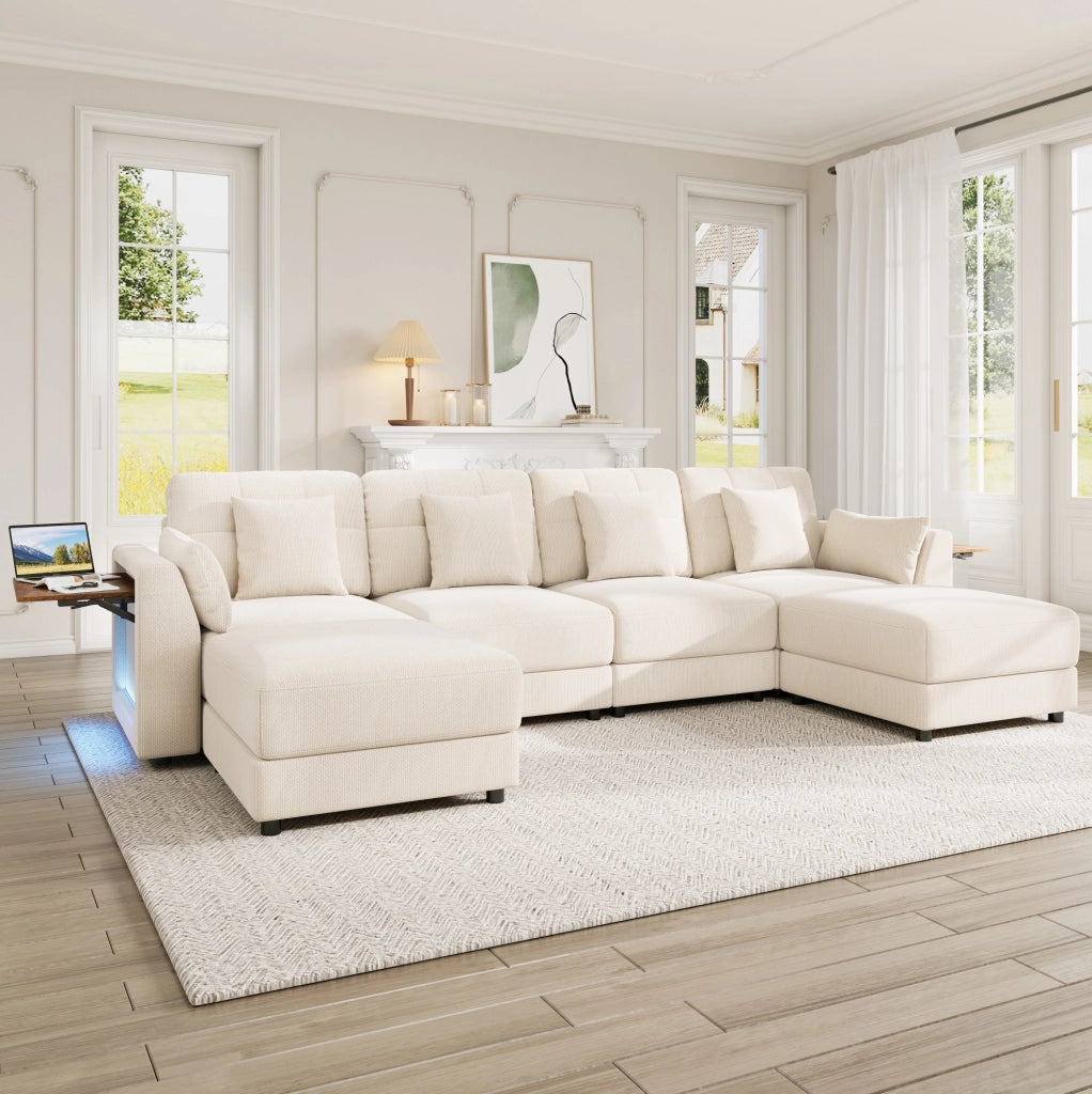 Divano modulare a U/L con 2 pouf; LED e tavolini pieghevoli; ciniglia beige
