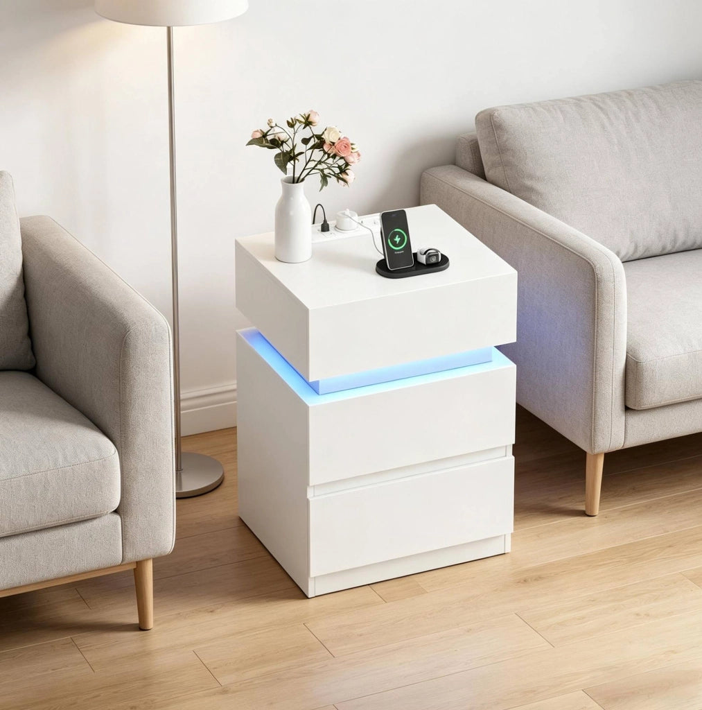 Comodino bianco con LED regolabile, 2 prese, USB e 2 cassetti