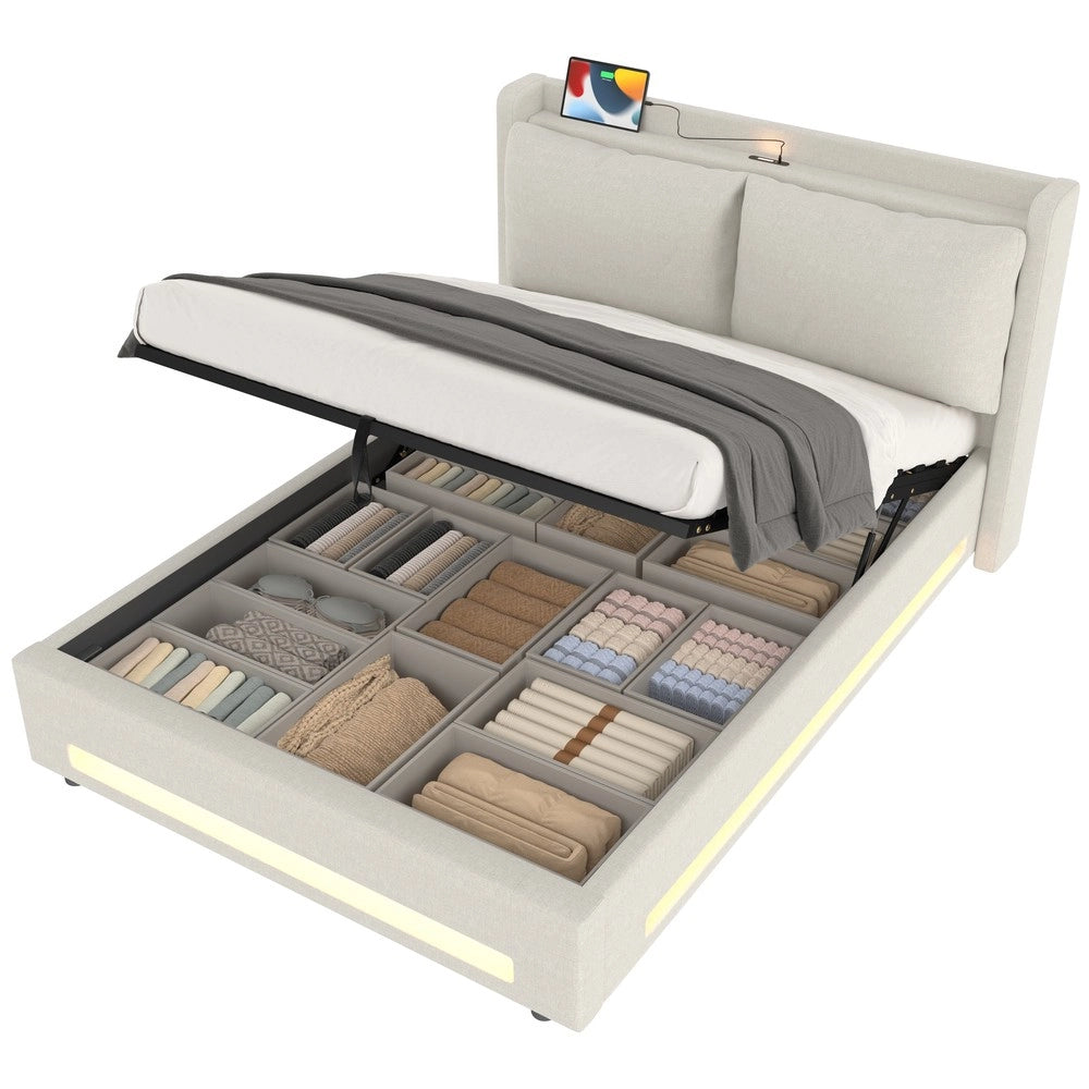 Letto Imbottito Contenitore con LED e USB ¨C MINIMAL ¨C Velluto Beige 160x200