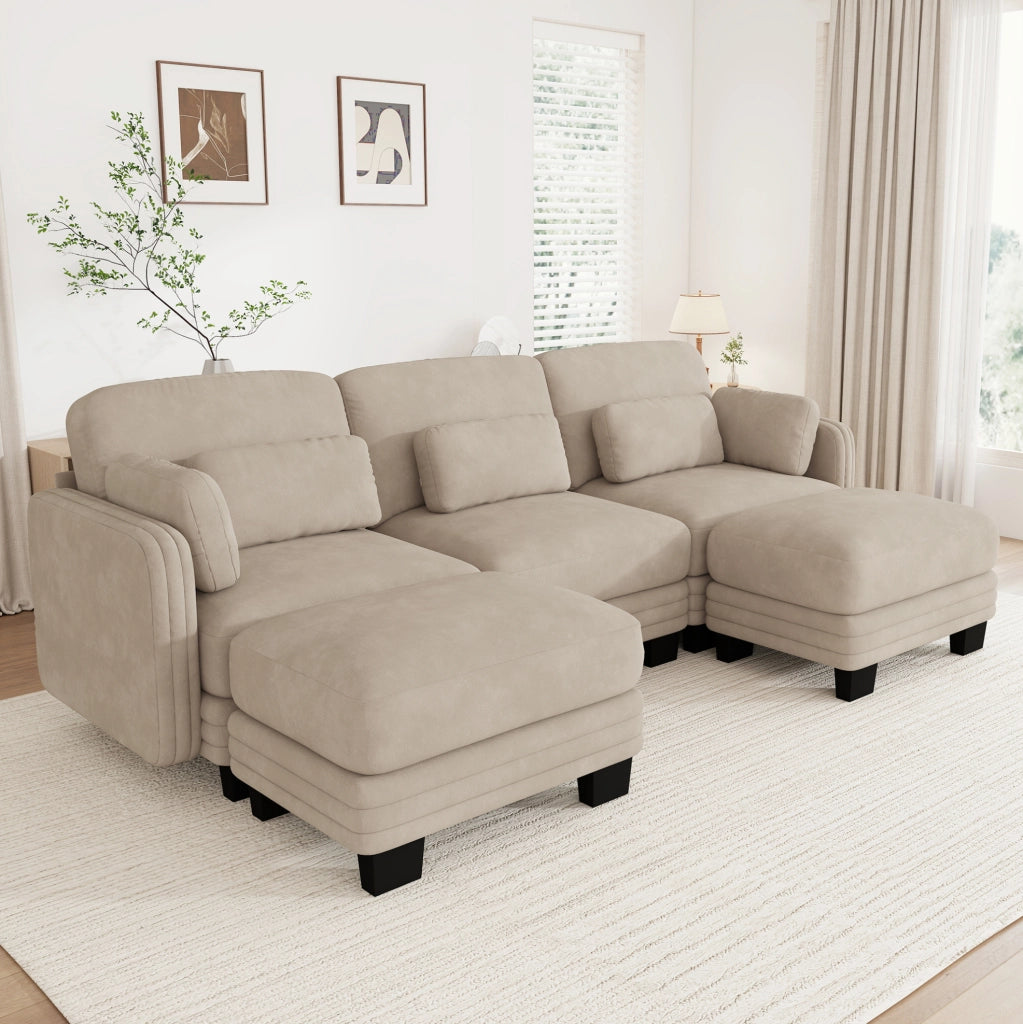 Divano modulare a U 253x143x88 cm con pouf e rivestimento in ciniglia color caff¨¨ chiaro