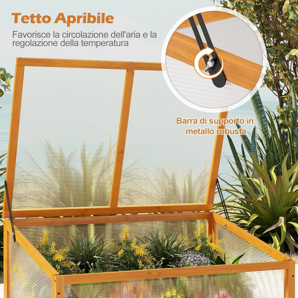 Serra in Legno, Mini Serra con Tetto Trasparente Apribile, Letto Rialzato da Interno ed Esterno per Balcone, Giardino e Veranda (Arancione)