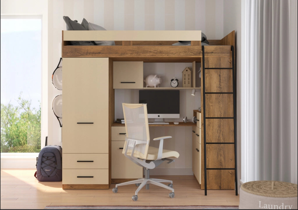 BIM Furniture letto soppalco con scrivania SMYK P cm110x204x188h Rovere scuro Crema