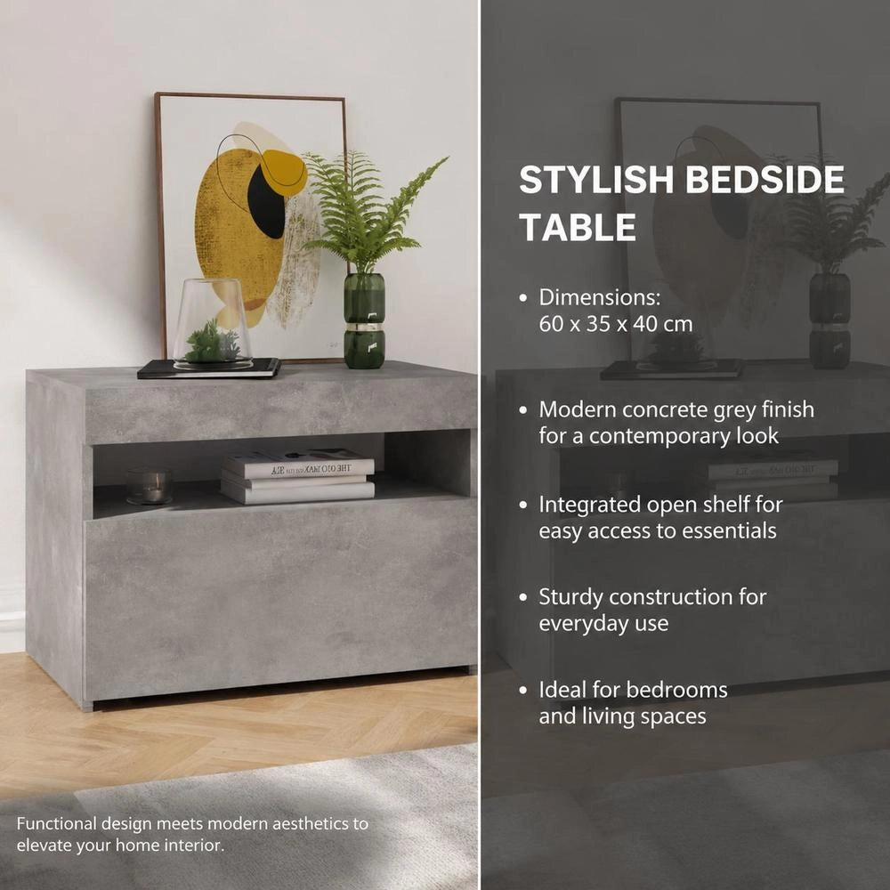 Bedside Table With LED Lights, Concrete Grey, 60x35x40 Cm