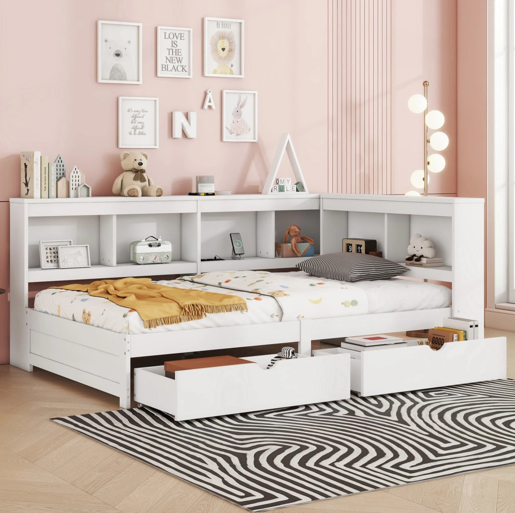 Divano letto 90 x 200 cm bianco con 2 cassetti, presa e 2 porte USB