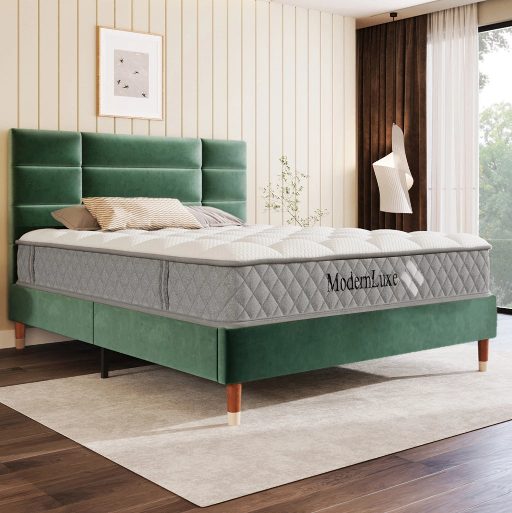 Letto matrimoniale imbottito 140x200 cm in velluto verde con rete a doghe