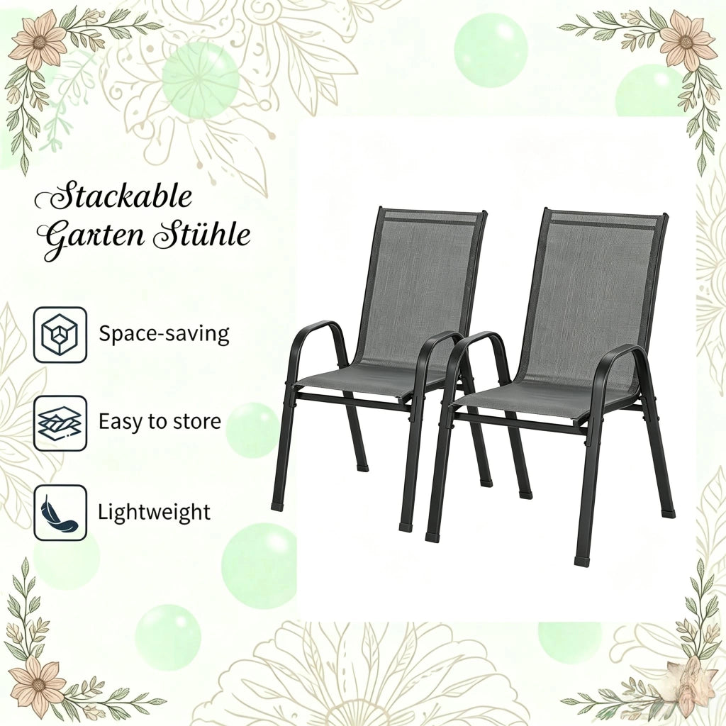Sedie da giardino impilabili set da 2 con schienale curvo e braccioli metallo poliestere grigio scuro 55 × 92 × 65 cm