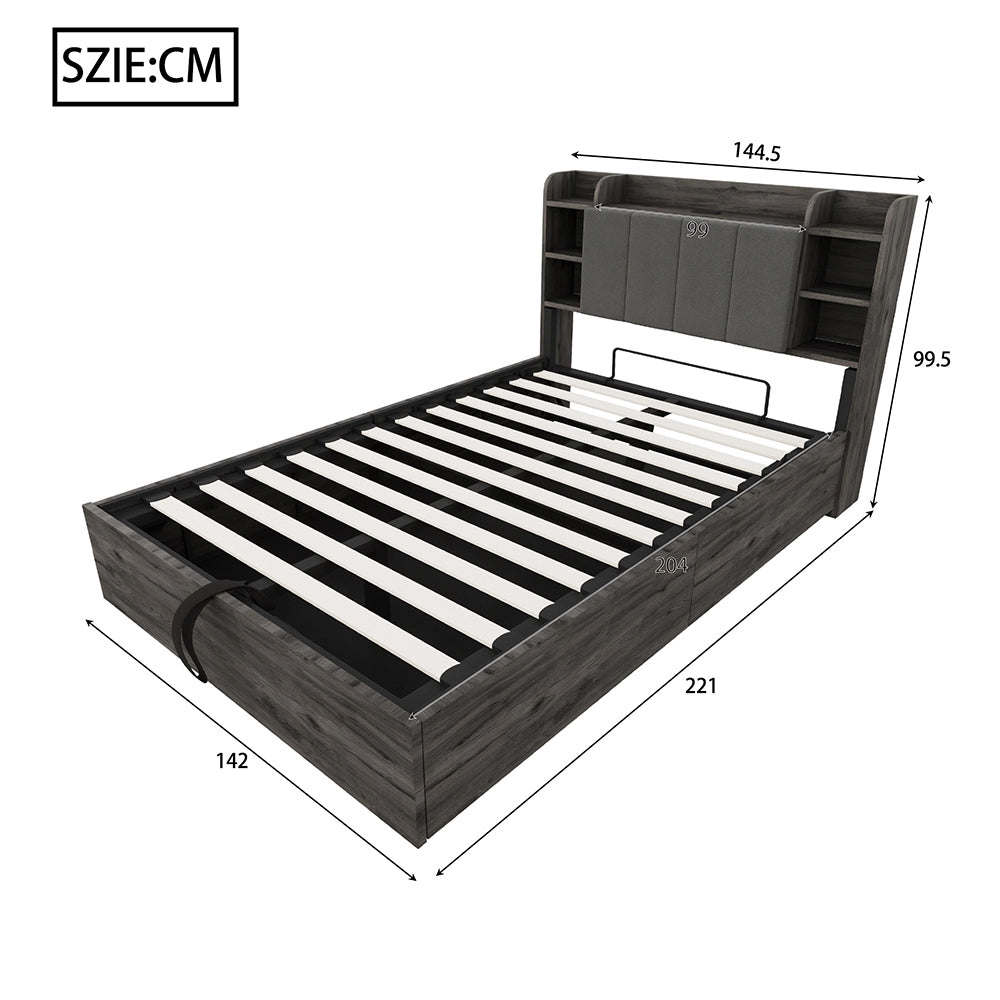 Letto-Xylo-140x200 cm-idraulico, USB-C, testiera con ripiano, grigio