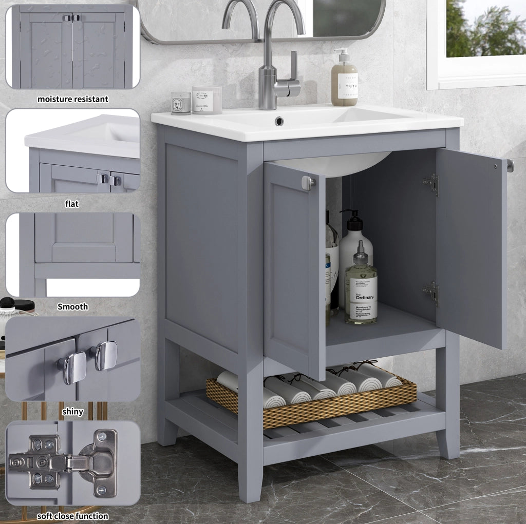 Mobile bagno ULEVR con lavabo in ceramica e base a pavimento, grigio chiaro e bianco