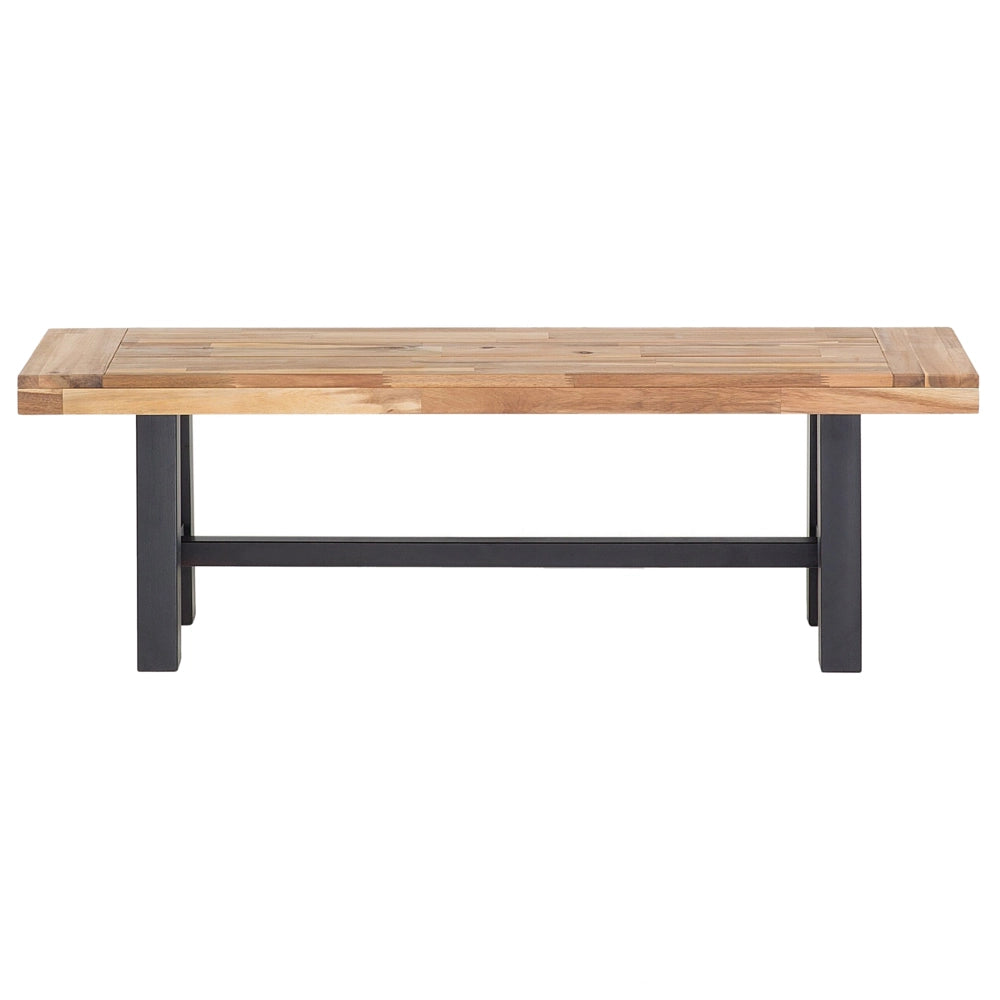Set da pranzo da giardino Piano in legno chiaro Gambe nere da esterno 3 pezzi Tavolo rettangolare in legno di acacia 2 panche