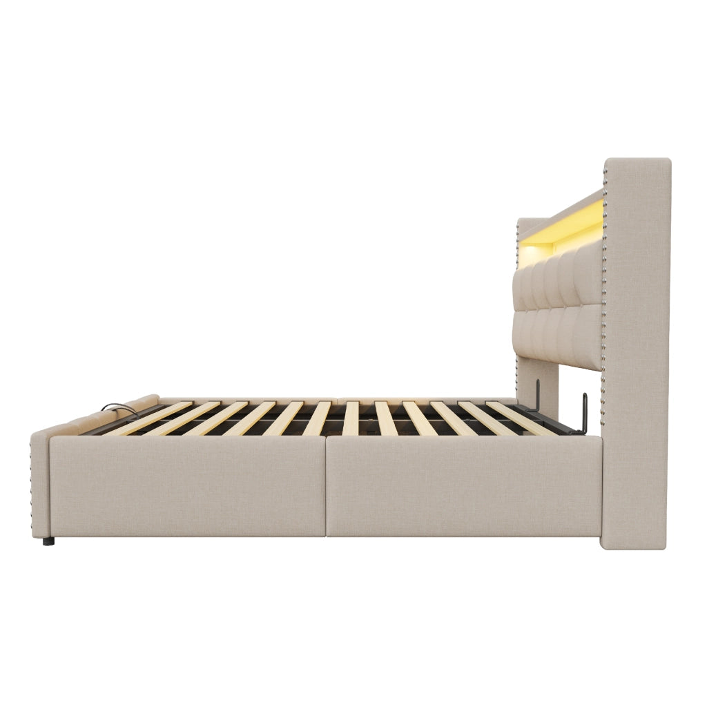 Letto imbottito matrimoniale 180x200 cm con LED, USB, contenitore idraulico e testiera con ripiani
