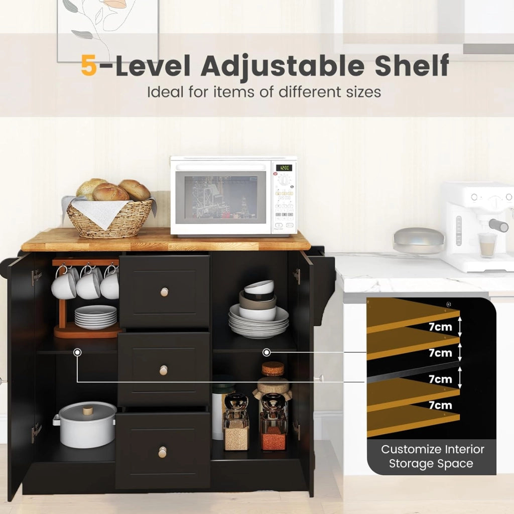 Carrello da Cucina in Legno di Quercia con 2 Armadi e 3 Cassetti, Credenza con 5 Rotelle e Cerniere in Metallo, Isola da Cucina per Soggiorno e Sala da Pranzo (Nero)