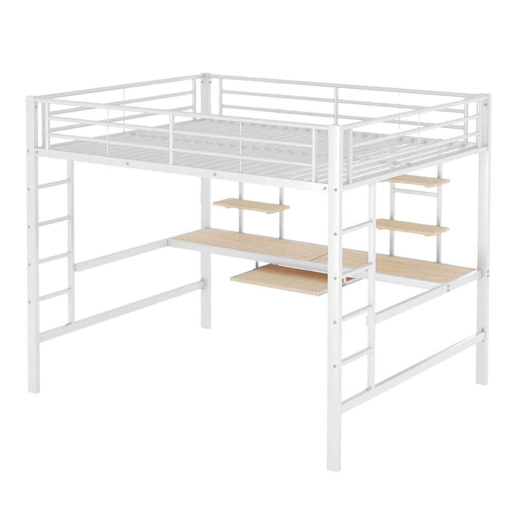 Letto a soppalco in metallo con scrivania e libreria, 140x200 cm, bianco