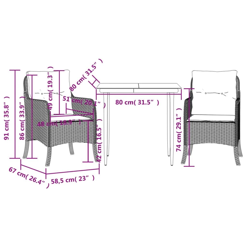 Set da Pranzo da Giardino 3pz con Cuscini in Polyrattan Marrone 3211934