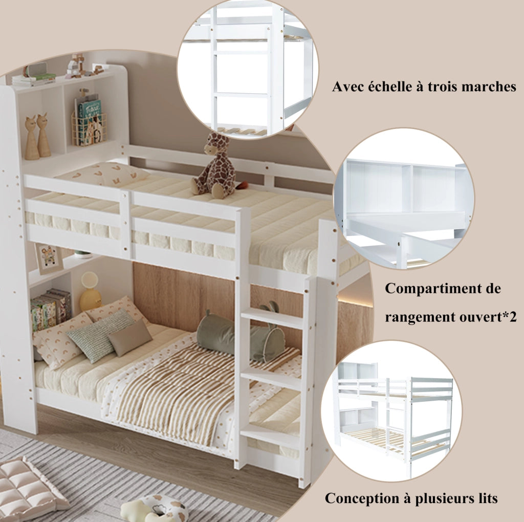 Letto a castello con ripiani e scala angolare a 3 gradini; 90x200 cm; bianco