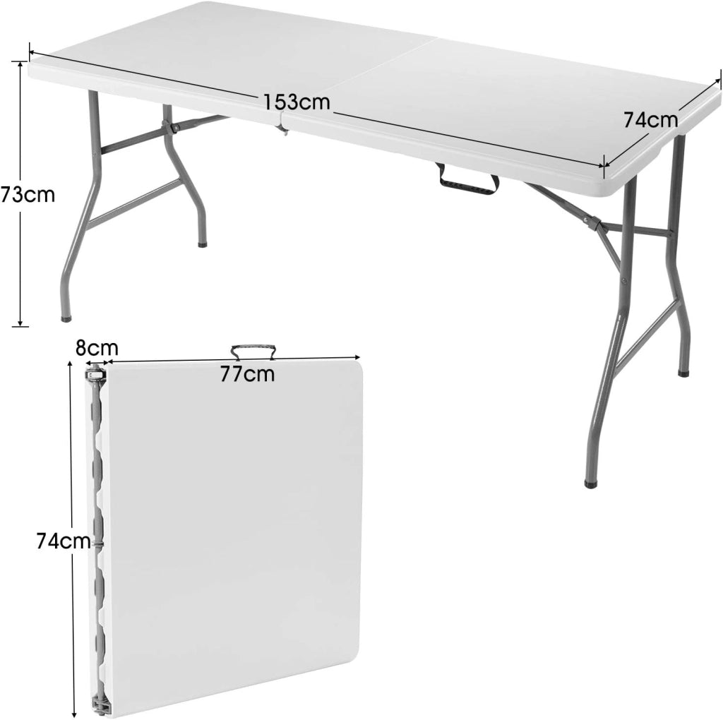Tavolo Pieghevole e Portabile da Campeggio, Tavolino da Esterno in HDPE con Piedini Antiscivolo, Tavolo da Giardino Rettangolare da Picnic, Spiaggia, Feste, Bianco, 153 x 74 x 73 cm