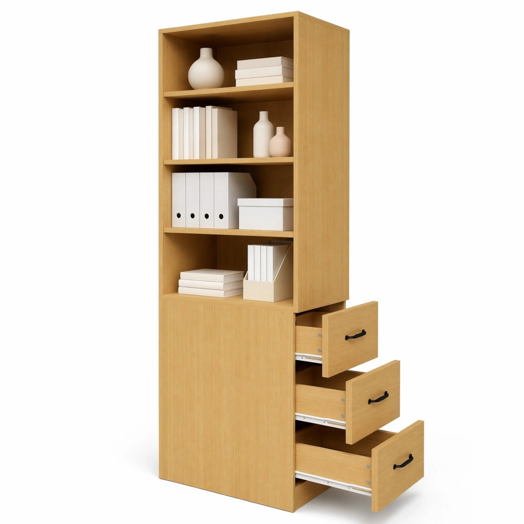 Libreria alta slim 180 cm con cassetti laterali, ripiani regolabili, colore rovere, per spazi piccoli