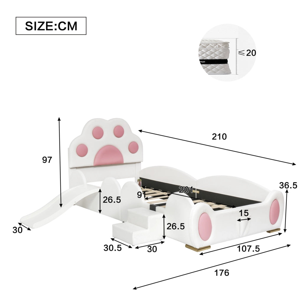 Letto singolo 90x200 cm bianco e rosa in PU con scivolo e scala