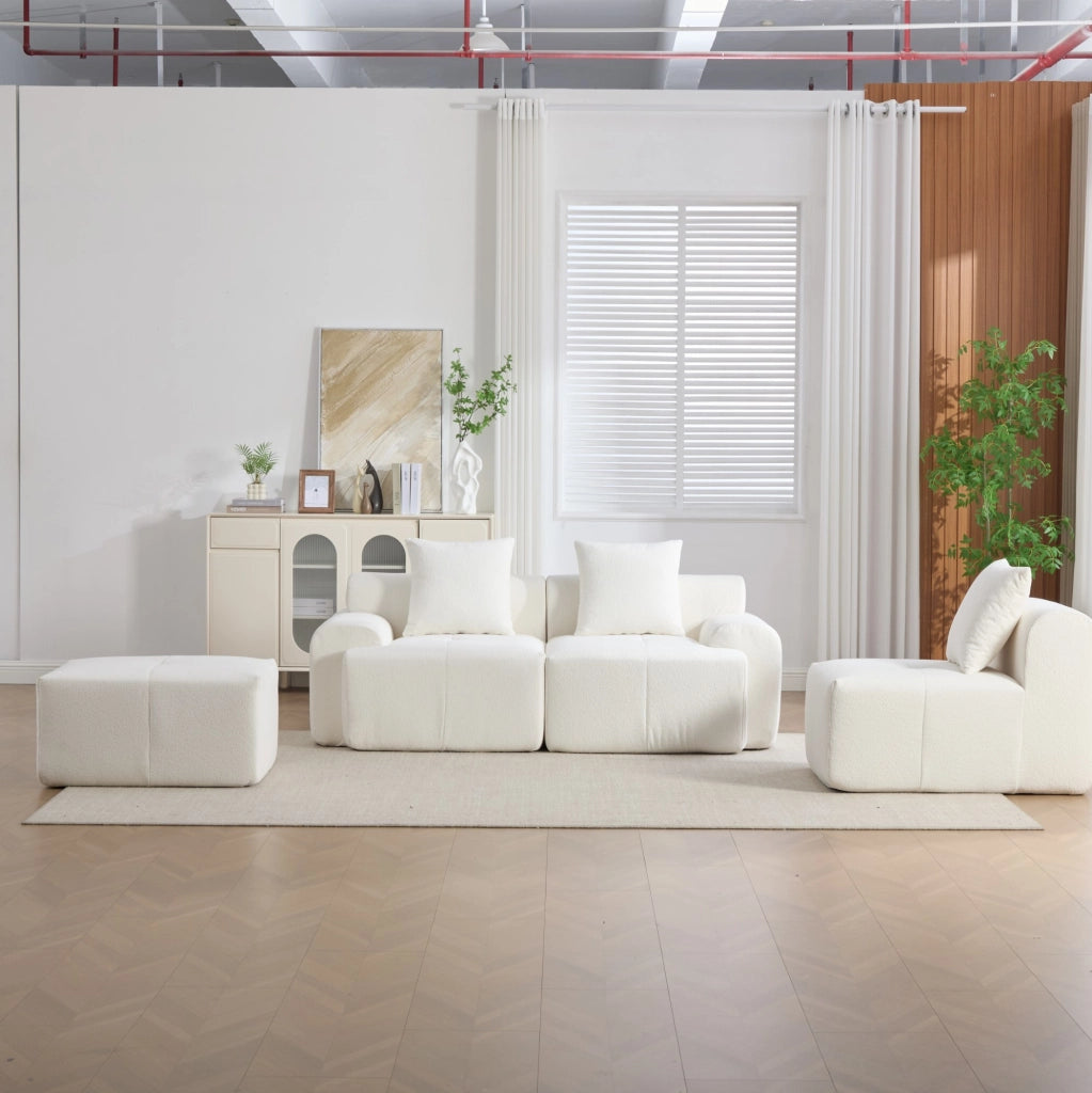 Divano angolare modulare 268x174x81 cm beige con pouf, tessuto e memory foam,
