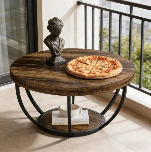 Tavolino da caffè rotondo a 2 livelli in legno e metallo