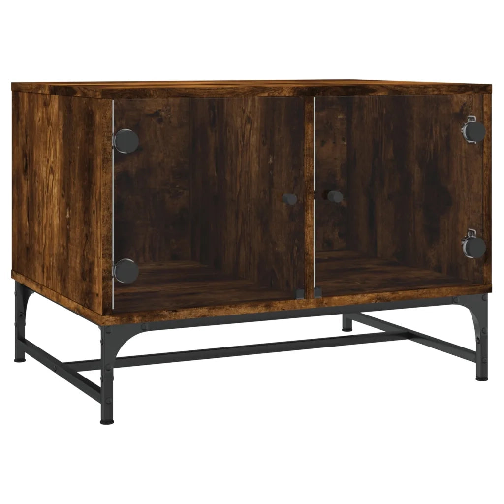 Tavolino da salotto | Tavolino da caff¨¨ | Tavolino da Soggiorno con Ante in Vetro Rovere Fumo 68,5x50x50 cm