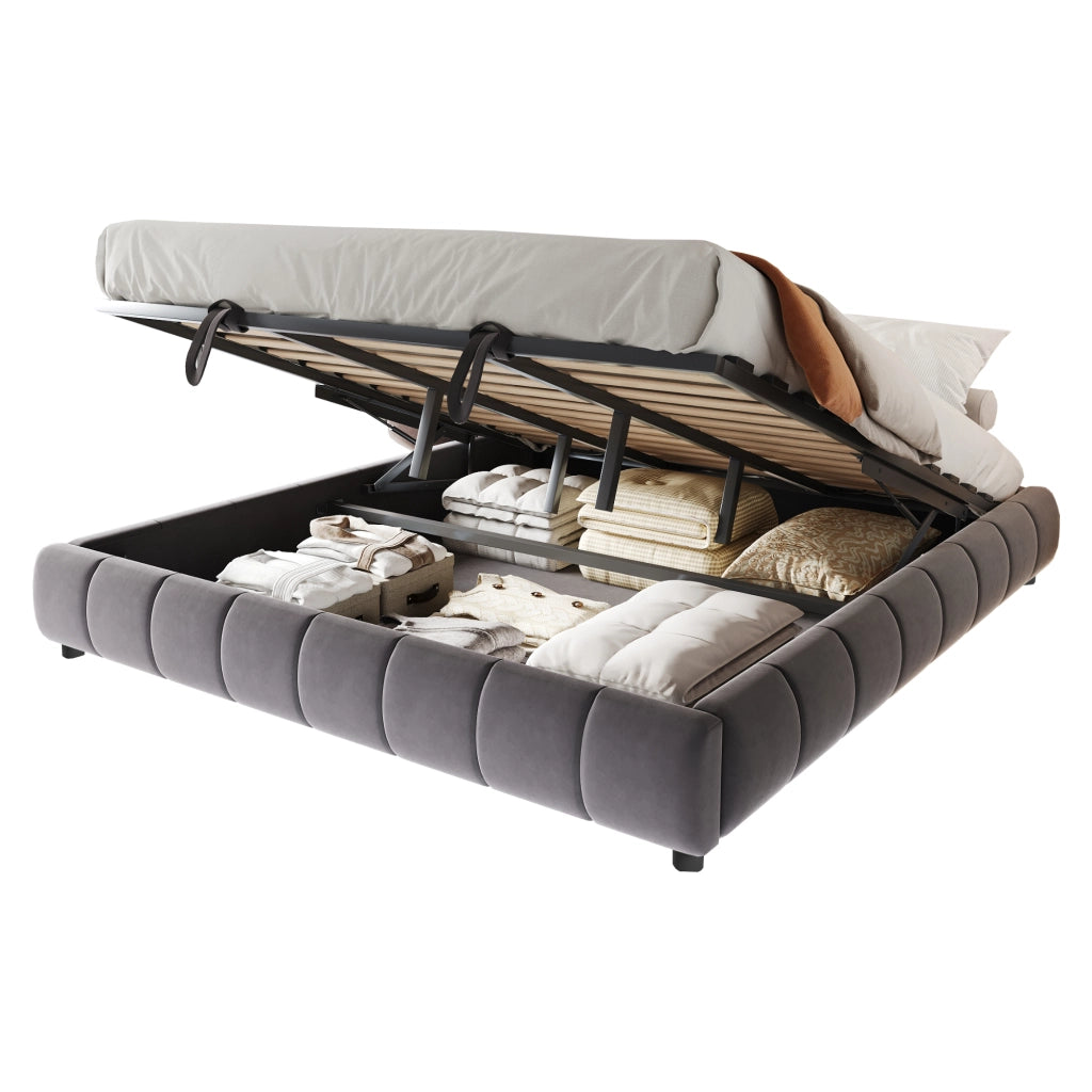 Letto Contenitore Imbottito con LED ¨C MINIMAL ¨C Grigio 180x200 Idraulico Senza Testiera