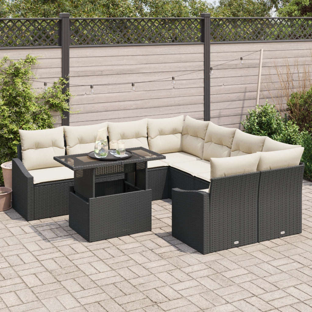 Set da giardino 9 pezzi con cuscini in rattan nero