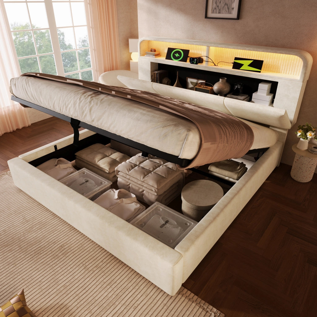 LETTO Matrimoniale 180x200 cm in Velluto Beige con testiera regolabile e LED