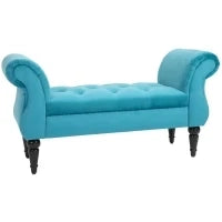 Panca Fondoletto in Stile Vintage, Struttura in Legno e Seduta Imbottita Stile Chesterfield, Azzurra 117 x 40 x 58cm