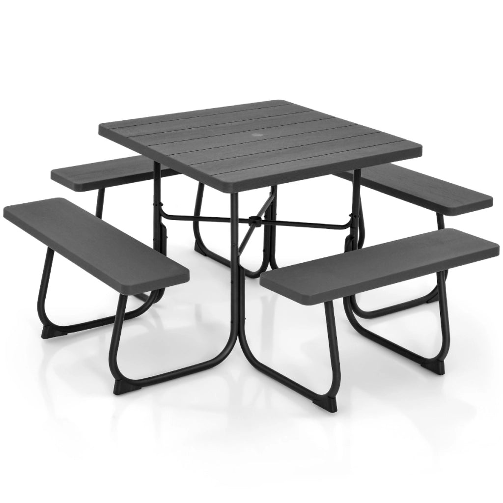 Set tavolo da picnic quadrato per 8 persone, Tavolo per esterni con foro per ombrellone capacit¨¤ di 225kg Grigio Scuro-Tavoli e sedie da campeggio