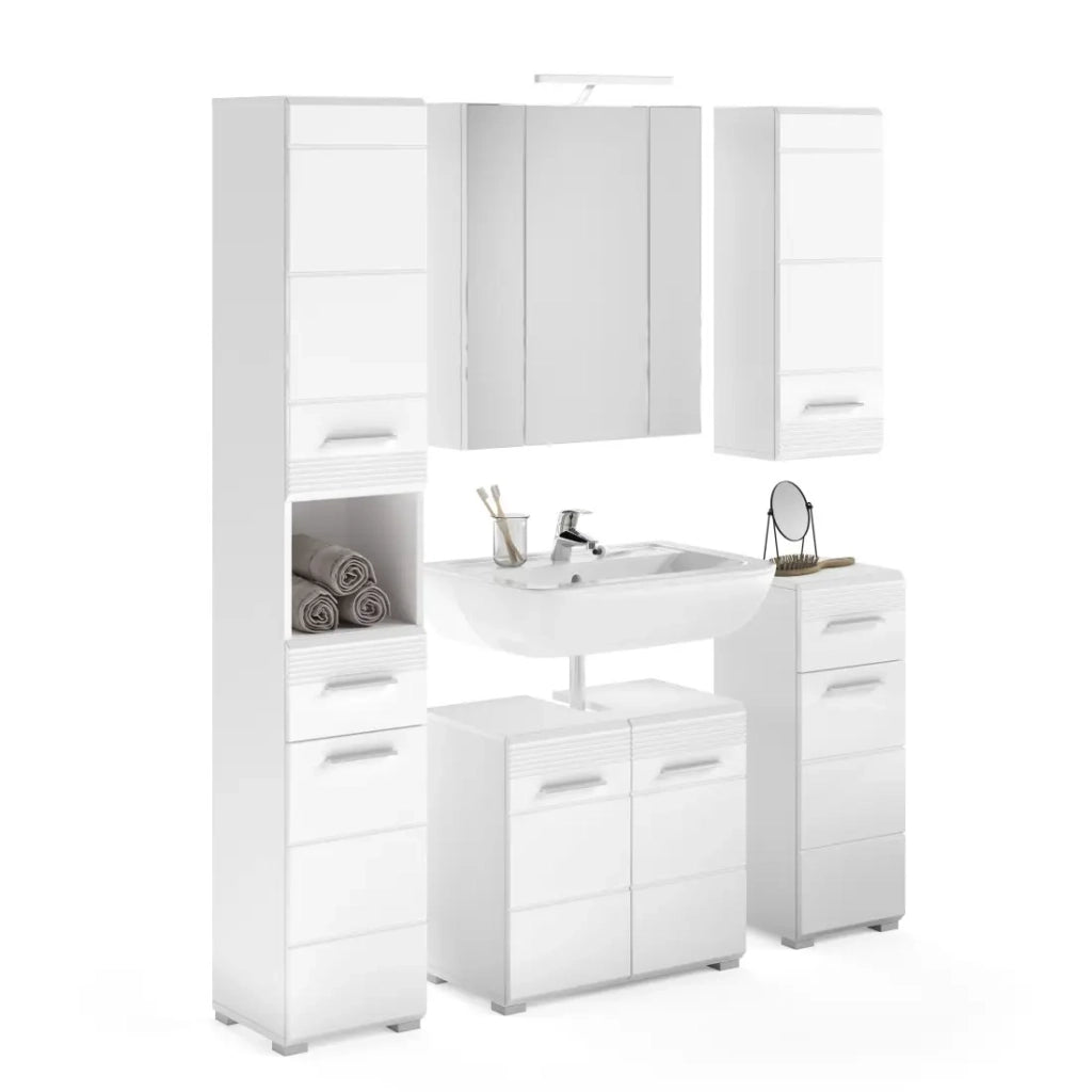 Set da bagno: mobile sotto lavabo + 2 mezze colonne + mobile contenitore con specchio e LED + colonna da bagno