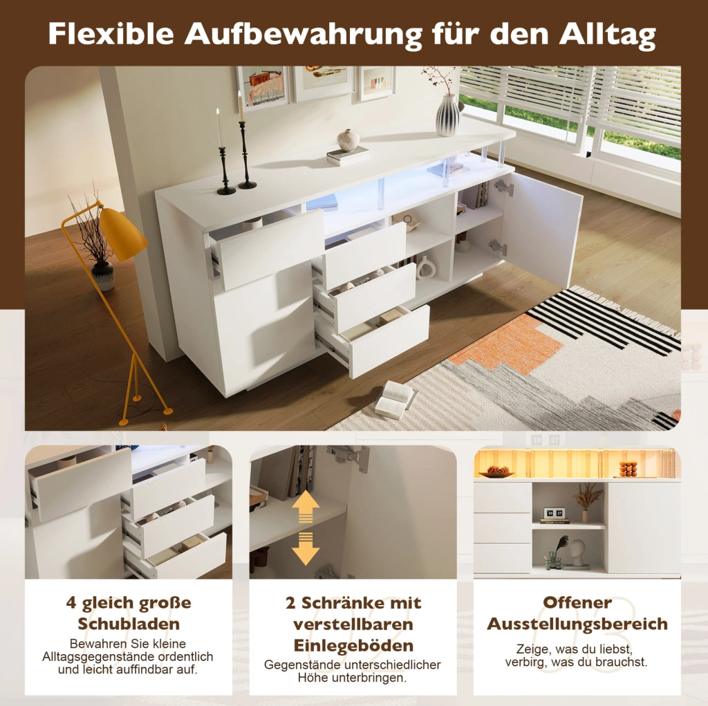 Sideboard bianco 160x40x75 cm con LED, 4 cassetti e 2 ante
