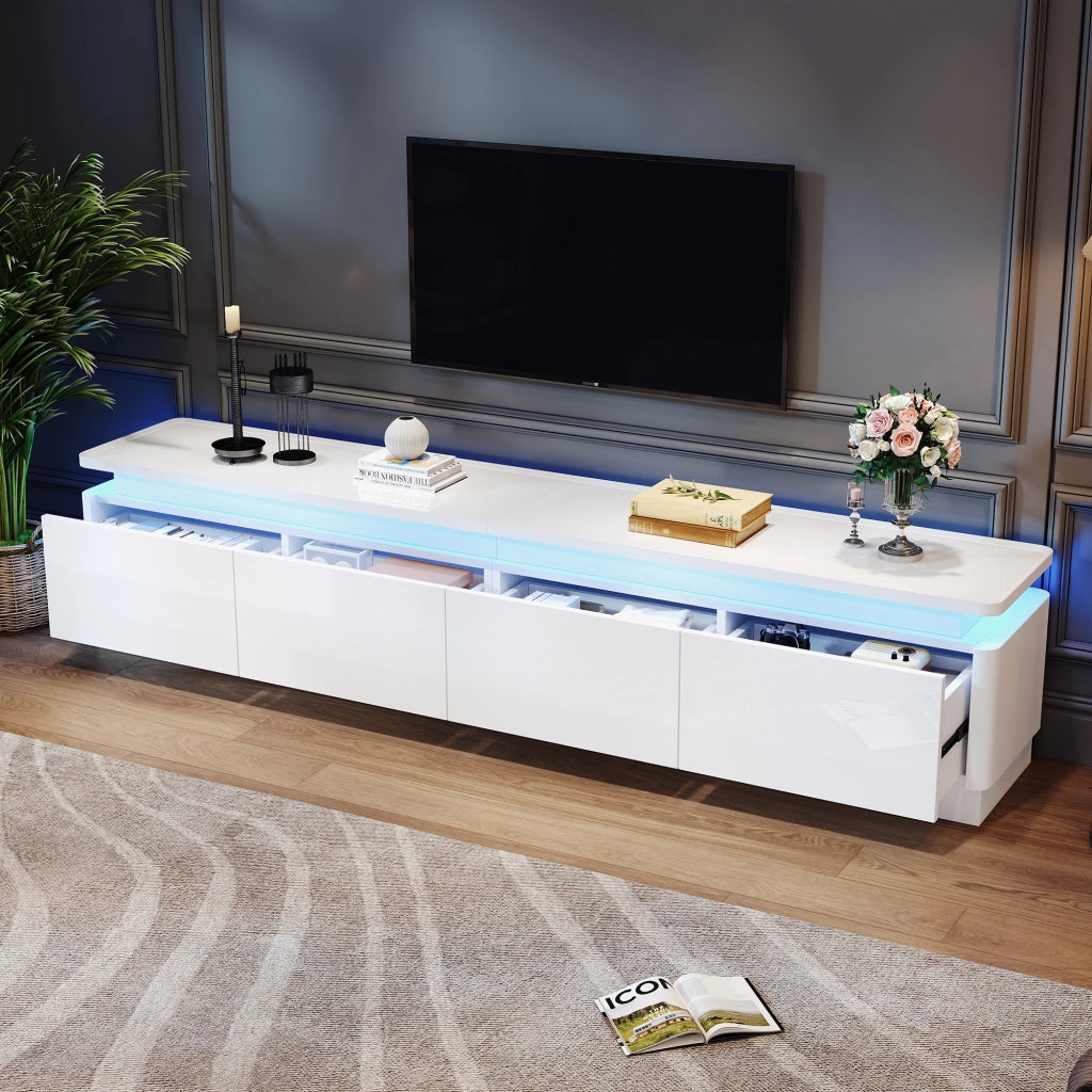 Mobile porta TV con LED, 4 cassetti e finitura lucida, per soggiorno, in truciolato bianco, 180 × 34 × 40 cm