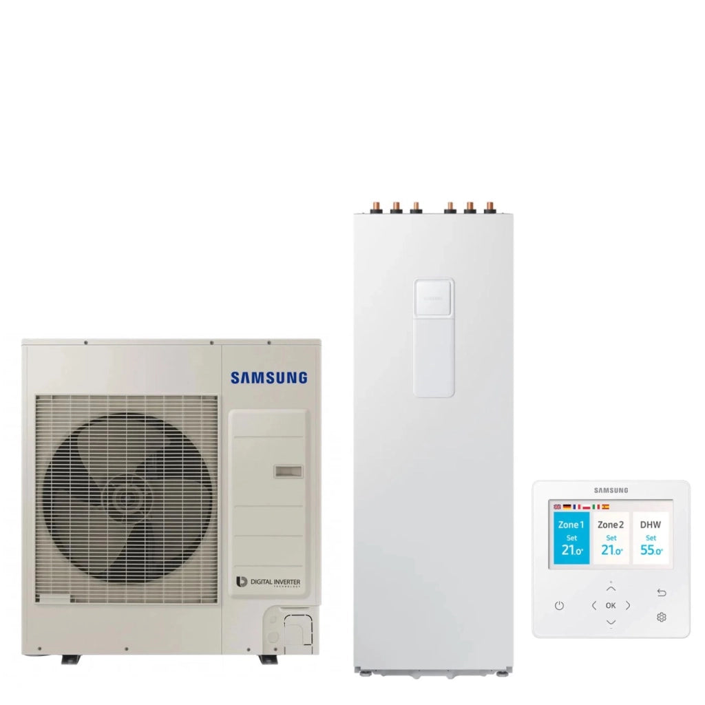 Pompa di Calore Aria-Acqua Splittata ClimateHub Samsung AE090RXEDEG/EU + Bollitore AE260RNWSEG/EU di 260 litri con Comando Incluso