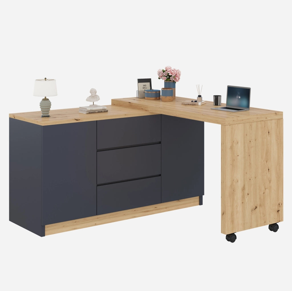 Scrivania girevole e pieghevole 120x50x76.5 cm con 2 porte e 3 cassetti in truciolato grigio e naturale