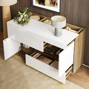 OKWISH Madia Vetrina con 2 Ante, 2 Cassetti e 1 Vano Aperto, LED a 16 Colori, per Soggiorno, Pannelli di Particelle, Bianco, 120 x 37 x 76.5 cm