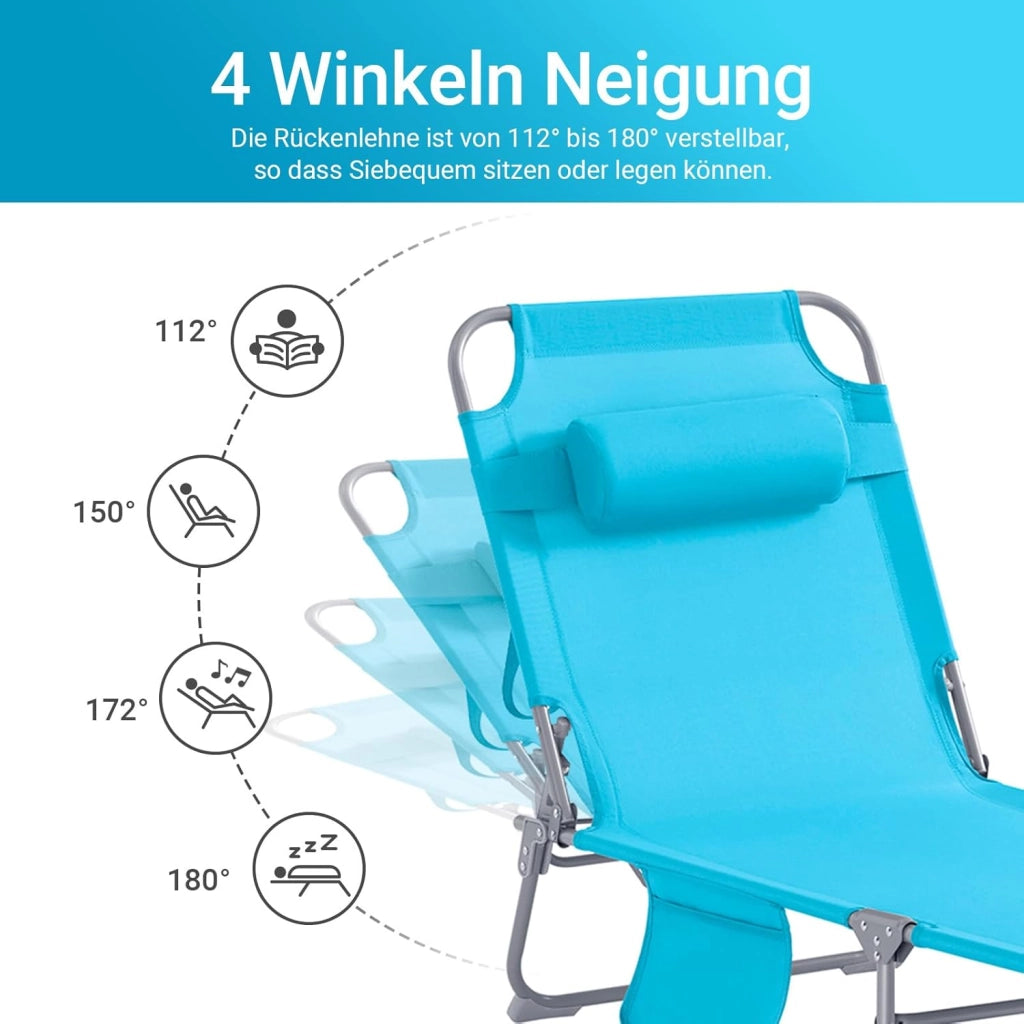 Set di 2 Sdrai da Giardino Lettino Prendisole con Cuscino e Tasca Laterale Sedia Sdraio da Esterno per Patio, Campeggio Spiaggia, Sdraio Pieghevole da Giardino Azzurro 155x56x81cm OGS35-Bx2