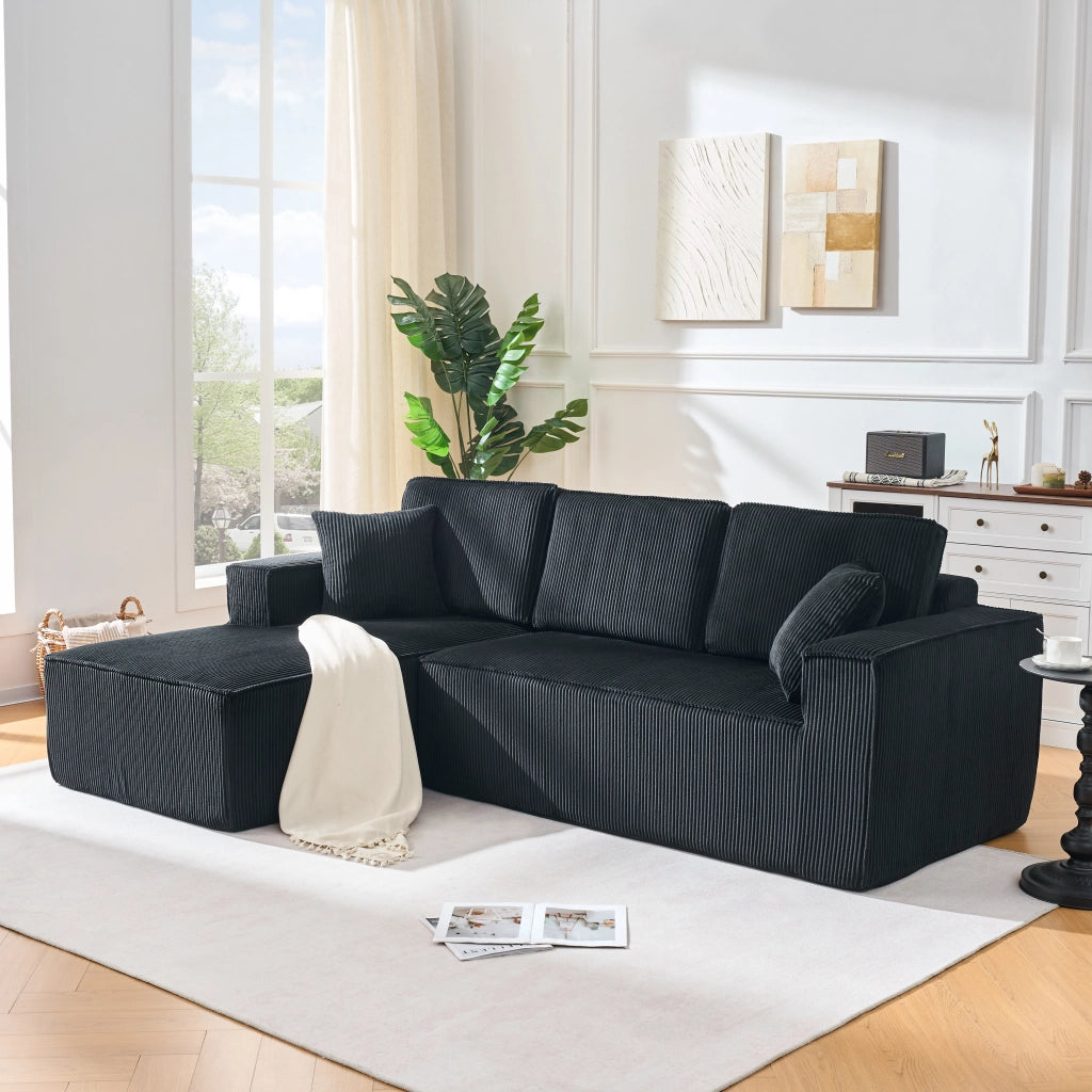 Divano ad angolo modulare con chaise longue, 2 posti, in velluto a coste, con 2 cuscini, nero
