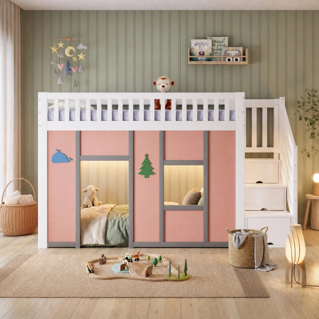 Letto a soppalco basso per bambini 90x200 cm con scala contenitore e LED; legno e MDF; bianco e rosa