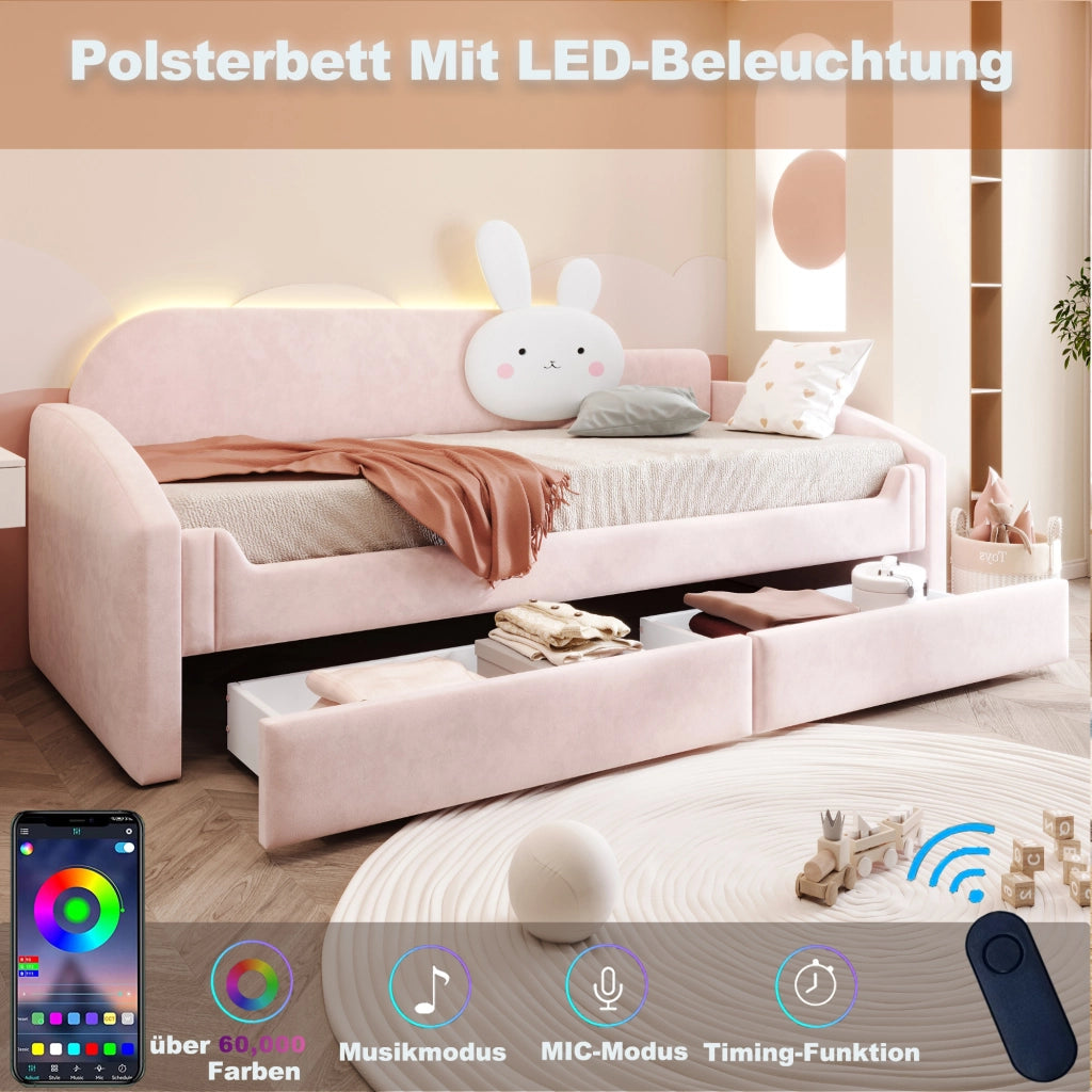 DESMIU Letto per bambini 90 × 200 cm con 2 cassetti, LED e cuscino coniglio, senza materasso, in velluto, rosa