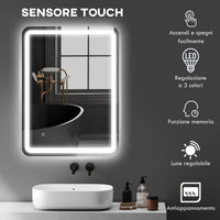Specchio Bagno 60x80 cm LED Touch con Luce Dimmerabile a 3 Temperature e Antiappannamento